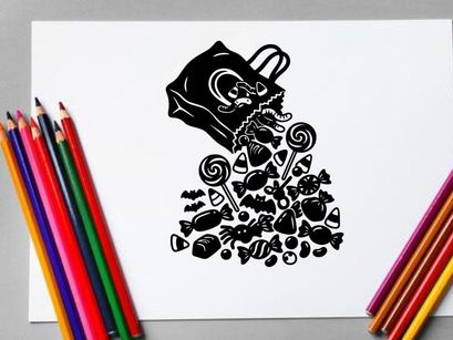 Black and White Sugar Skull Illustration with Flowers and Candies