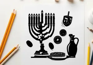 Hanukkah silhouette with menorah dreidel and traditional foods