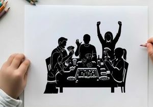 Silhouette of people playing board game with excitement and joy