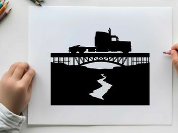 Truck crossing bridge in silhouette against white background preview picture