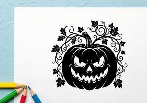 Halloween Jack-o'-lantern with sinister face and decorative vines