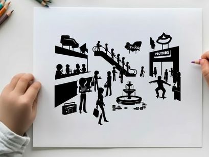 Silhouette of people in a shopping mall with fountain