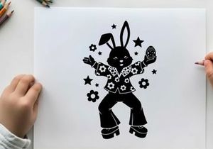 Silhouette of a funky dancing rabbit in flowers and stars