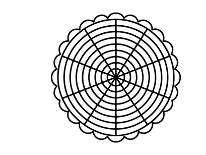 Circular spider web pattern. Geometric mandala design with radial lines and scalloped edge.