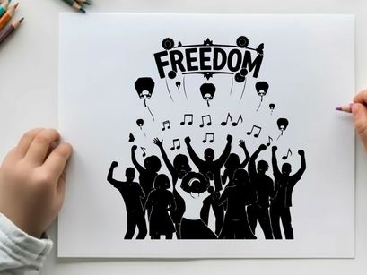 Silhouette of people celebrating freedom with music and balloons
