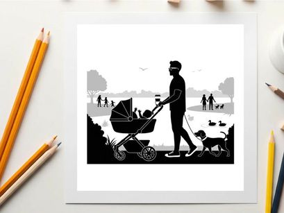 Silhouette of man walking baby stroller and dog in park