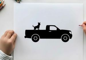 Silhouette of a pickup truck with a dog in the bed