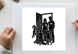 Family entering home with children running silhouette