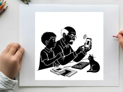 Silhouette of a man and child with cat looking at smartphone