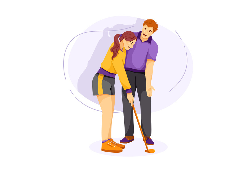 Man teaching woman to play golf while standing on field.