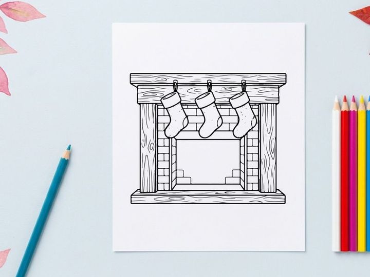Hand drawn illustration of a fireplace with hanging stockings