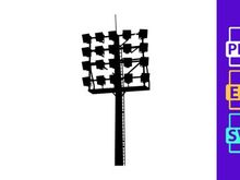 A large stadium light tower with multiple floodlights on a pole against a white background
