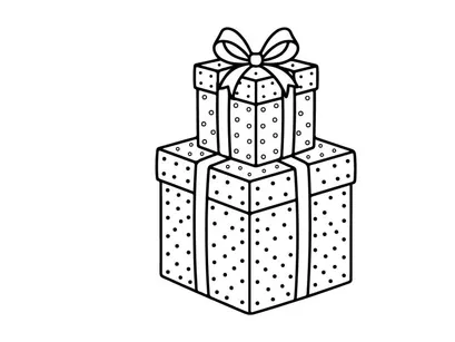 Christmas gift boxes with ribbons, black and white line art drawing for coloring page.