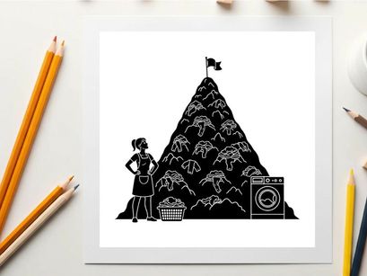 Silhouette of a woman standing beside a gigantic pile of laundry