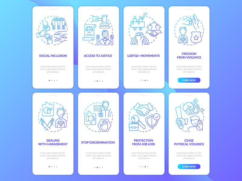 LGBT issues and support blue gradient onboarding mobile app screen set