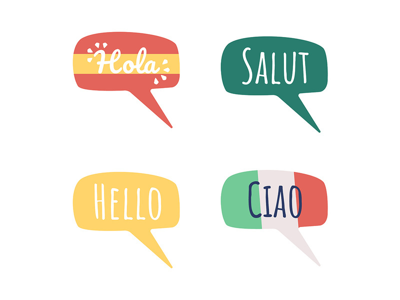 Greeting words in different languages semi flat color vector speech bubble set