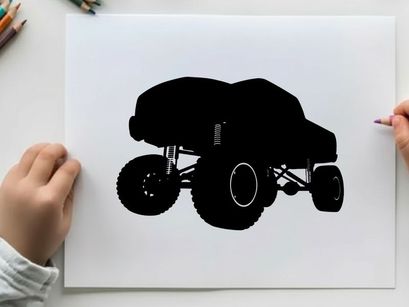 Silhouette of a large monster truck with oversized tires