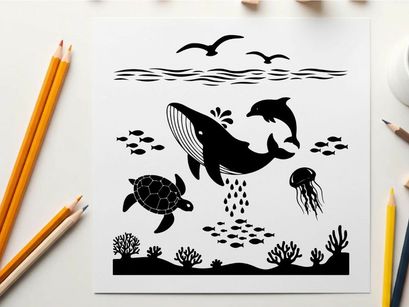 Underwater scene with silhouette of whale and sea creatures