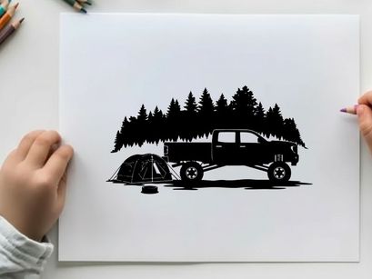 Silhouette of a car and tent in a forest