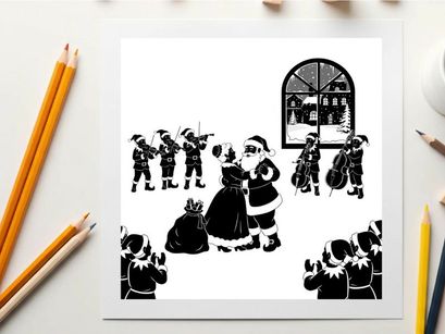Santa claus silhouette with mrs claus and children on a snowy night