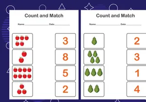 10 Pages Count and match with the correct number. Matching education game. Count how many items and choose the correct number