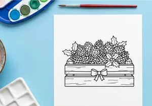 Hand-drawn Christmas gift box with white poinsettia flowers and blue ribbon bow illustration