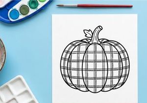 Plaid pumpkin line art illustration. Hand drawn autumn squash sketch for seasonal decor.