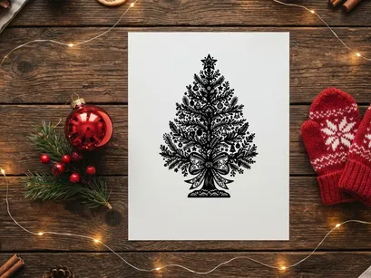 Ilustración de árbol de Navidad en blanco y negro con adornos y un lazo decorativo