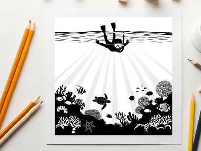Silhouette of scuba diver exploring coral reef with sea turtle