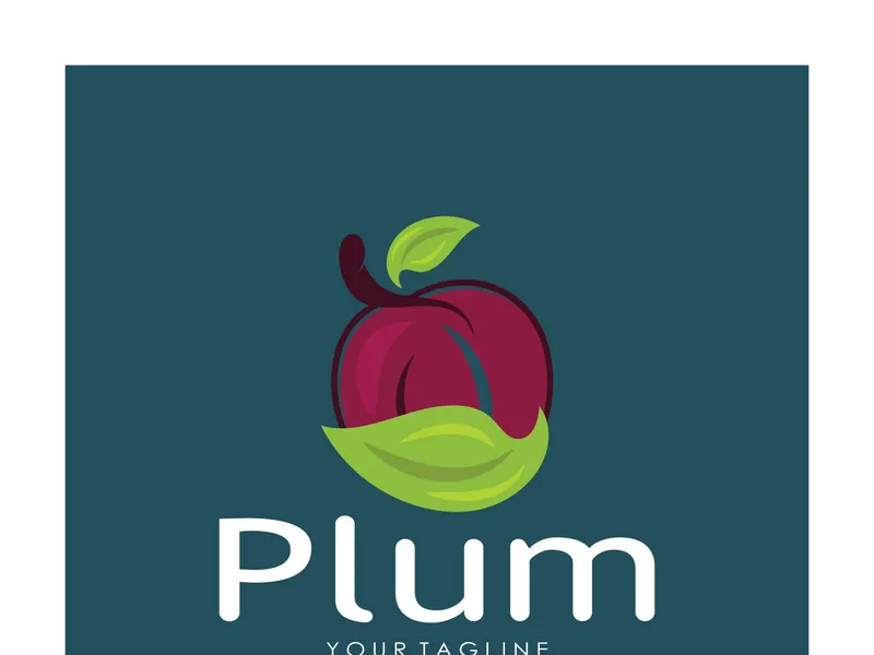 plum fruit logo with leaves, design of plum plantation, fruit shop, plum products, with simple vector editing