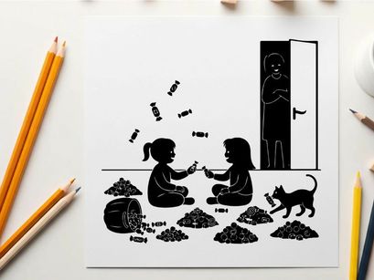 Two girls and a cat playing with piles of rice in silhouette