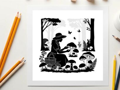 Silhouette of a woman picking mushrooms in a forest with trees and butterflies