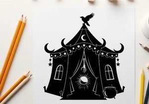 Silhouette of a mystical circus tent under moonlight and stars with a bird