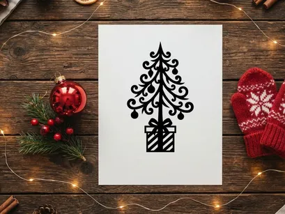 Black silhouette of a decorative Christmas tree with ornaments in a gift box icon.