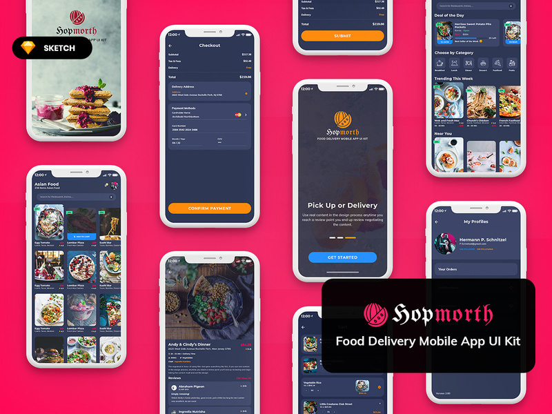 Hopmorth-Restaurant Mobile App UI Kit Dark Version (SKETCH)