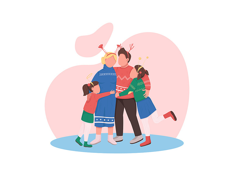 Happy family on Christmas flat color vector faceless characters