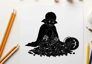 A silhouette of a cute vampire surrounded by candy and a pumpkin