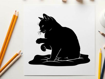 Black cat silhouette sitting on a rug