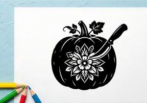 Desain labu dengan bunga dan sendok untuk dekorasi Halloween atau musim gugur