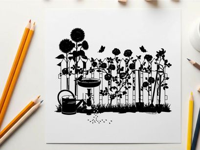 Silhouette of garden scene with flowers and birdbath silhouette