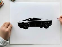 Silhouette of a futuristic electric pickup truck against a white background