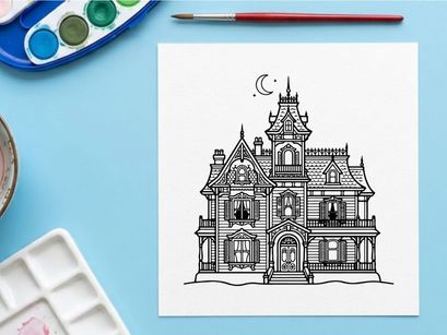 Victorian mansion architectural illustration for design projects. Classic historic house line drawing with intricate details and gothic elements.