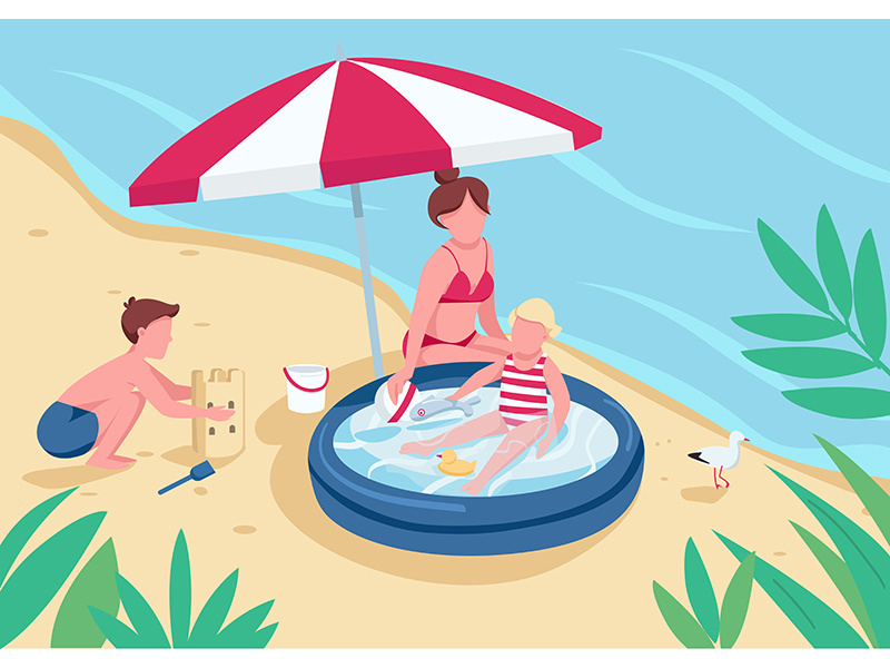 Mother with children on sand beach flat color vector illustration