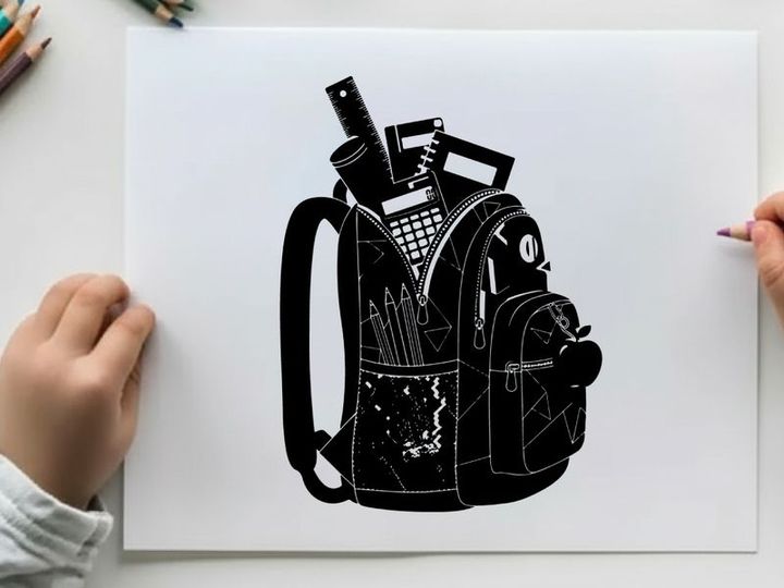 Silhouette of a loaded backpack with school supplies