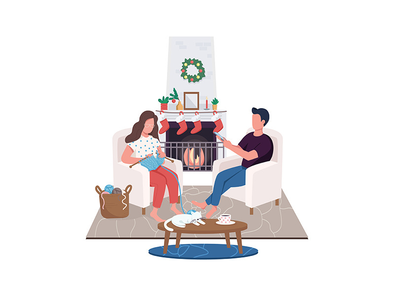 Couple at home fireplace flat color vector faceless characters