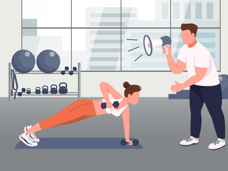 Fitness instructor service flat color vector illustration