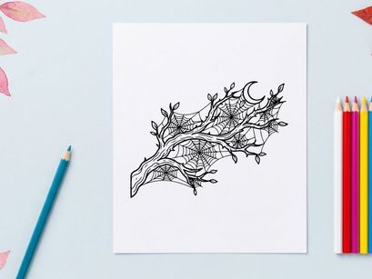 Minimalist tree branch line art illustration. Elegant botanical sketch with moon and leaves for modern design projects.