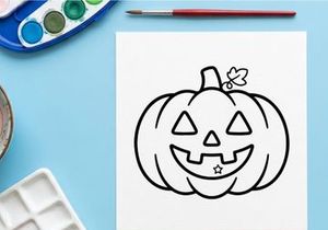 Hand-drawn Halloween jack-o-lantern with cheerful smile and star. Cute cartoon pumpkin face illustration for festive autumn decor and kids crafts.