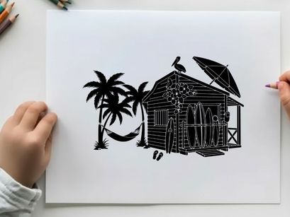 Beach hut silhouette with palm trees and tropical ambiance