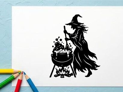 Silhouette of a witch brewing potion with cauldron at night